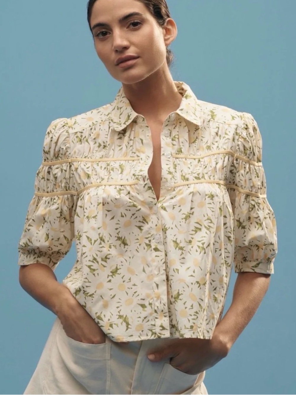 Maeve Leandra Shirred Yoke Short Puff Sleeve Button-Up Blouse Yellow Floral
